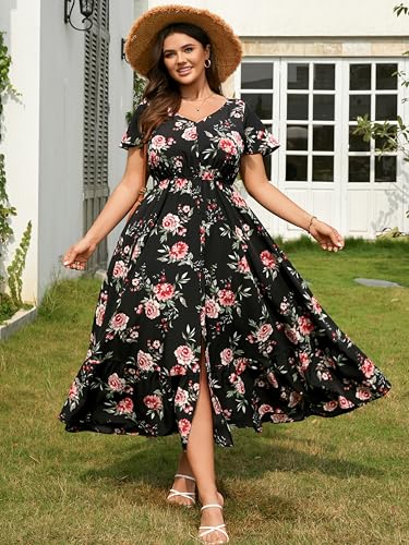 Image of RWJ Women Plus Size Maxi Dress V Neck Short Sleeve Button Trim Split Flowy Tiered Casual Long Dresses 2025 L-3XL