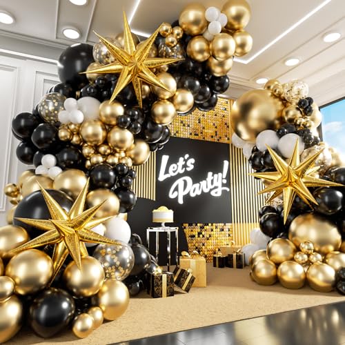 Black and Gold Balloons Garland Arch Kit Black and Gold Party Decorations with Black White Balloon Gold Confetti Latex Balloons for 2024 Graduation Decorations Anniversary Birthday Party Decoration