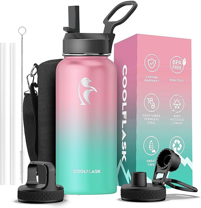 Coolflask Insulated Water Bottle 1L, Stainless Steel Insulated Water Bottle with Straw & 3 Lids