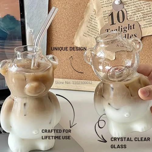 Image of The Empty Space Glass Mug - Unique Aesthetic Borosilicate Cup | Ideal for Iced Tea, Coffee, Gifting & Daily Use | Cute Glass Gift for Her, Housewarming, Mother's Day (Set of 1) (Teddy Mug With Straw)