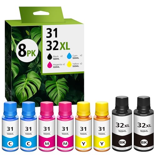 31 32XL Ink Bottle Set Compatible for Smart Tank 5101 7602 6001, Compatible for HP 31 Ink 32XL Black Ink Bottle for Smart Tank 5000 5102 7301 7001 Plus 651 570 551 455 457 450 All-in-One Printer