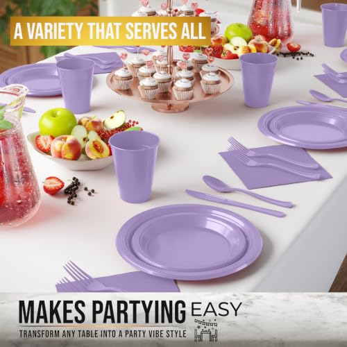 Image of Exquisite 350 Pcs Lavender Plates and Napkins Party Supplies Plate Sets | Sturdy Plastic Dinnerware Set With 9 inch & 7 inch Plates, 12 Oz Cups, Lunch Napkins and Cutlery Serves 50 for Birthdays & Everyday