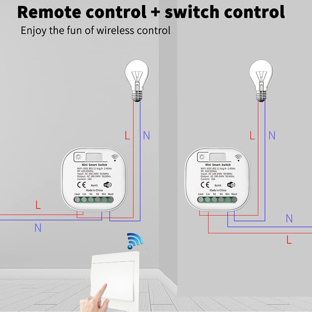 Diagram showing two lamps controlled by a single MOES wireless switch, illustrating remote control and switch control.