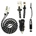 Produktbild Emartbuy Geflochtenes flach Trio Pack für CAT S30 / CAT S40 / CAT S50 / CAT S60 / CAT B15 Q - Schwarz 1 Ampere USB Autoladegerät + Schwarz Mini Eingabestift + Geflochten Schwarz Flache Micro USB Kabel