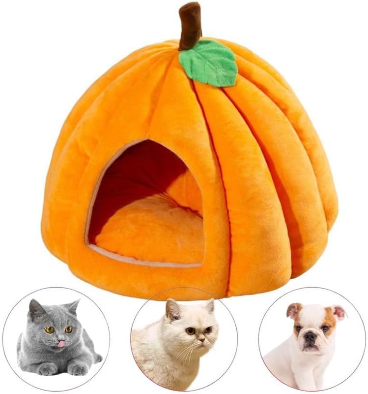 review Pumpkin cat Bed, Cute Halloween Pumpkin cat Bed, Indoor cat pet Bed with Removable Cushion, semi-Enclosed pet Bed for Kittens and Puppies (Orange, Small)