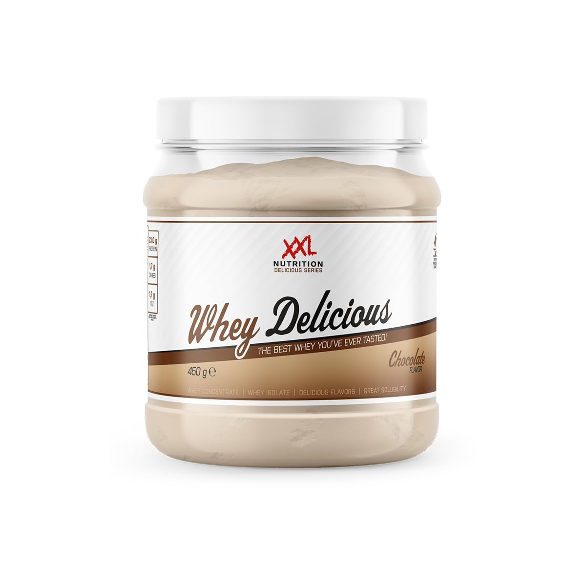 XXL Nutrition - Whey Delicious Protein Pulver - Leckerste Shake - Eiweiss Pulver, Whey Protein Isolat & Konzentrat - Hohe Qualität - 78,5% Proteingehalt - Schokolade - 450 Gramm