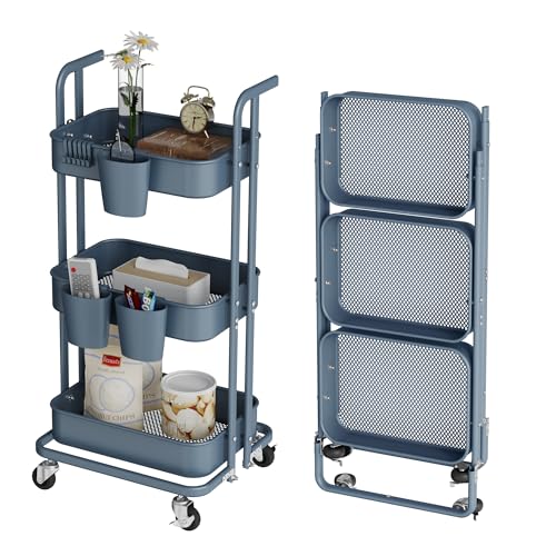 Image of DTK 3 Tier Foldable Rolling Cart, Metal Utility Cart with Lockable Wheels, Folding Storage Trolley for Living Room, Kitchen, Bathroom, Bedroom and Office, Blue