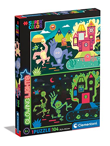 Clementoni - 27558 - Glowing Lights Collection - Monsters, puzzle glow in the dark - 104 Pieces - jigsaw puzzles for kids age 6 - Made in Italy, cartoon puzzles