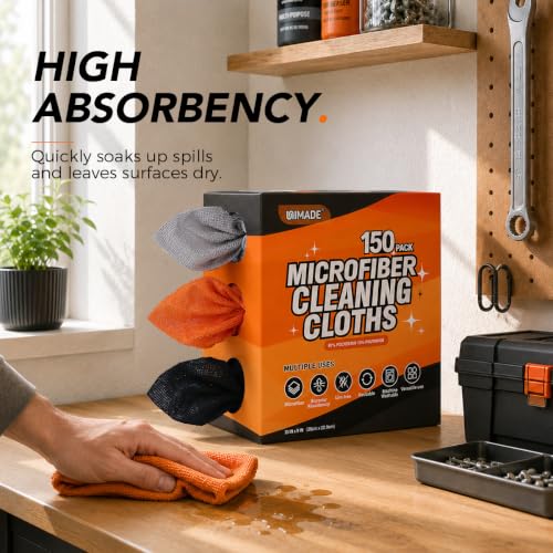 Image of UNIMADE Microfiber Cleaning Cloth, 150 Pack Microfiber Towels for Cars | Reusable Paper Towels Lint Free Shop Rags with Box for Home Kitchen Automotive, 11 inchx 9 inch, Grey & Orange & Black