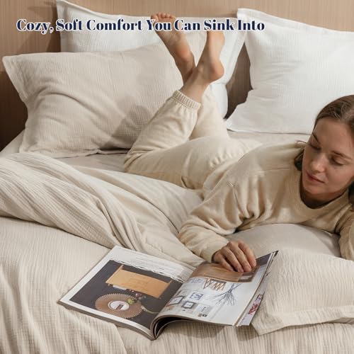 Image of PHF Cotton Muslin Comforter Set Queen - 100% Cotton Cover, Ultra Soft & Breathable, 3PCS Lightweight All-Season Bedding with Polyester Fill, 1 Comforter 90 inchx90 inch & 2 Pillow Shams 20 inchx26 inch, Natural