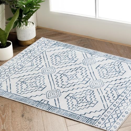 jinchan Moroccan 2x3 Rug for Entryway - Machine Washable Rug Modern Geometric Kitchen Soft Faux Wool Non-Slip Indoor Doormat Ultra-Thin Carpet for Ent