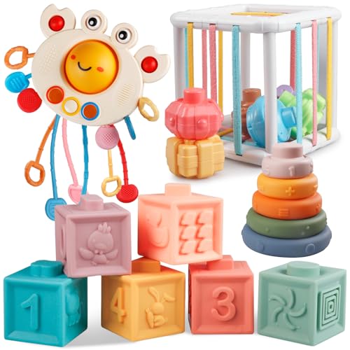 Plunack Juguetes Montessori Bebes，4 in 1Juguete Bebe, Juguetes sensoriales Bebe,Cubos Apilables Bebe