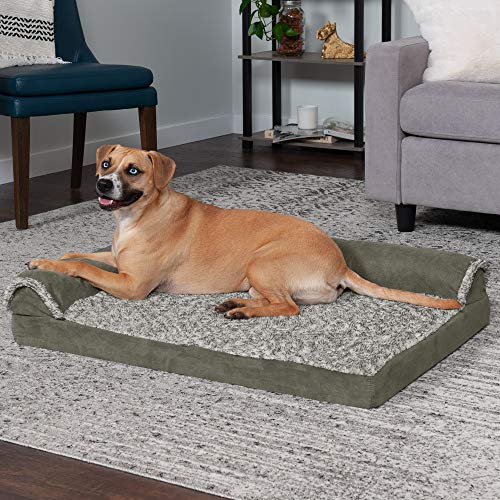 Image of Furhaven Cooling Gel Dog Bed for Large /Medium Dogs w / Removable Bolsters & Washable Cover, For Dogs Up to 55 lbs - Two-Tone Plush Faux Fur & Suede L Shaped Chaise - Dark Sage, Large