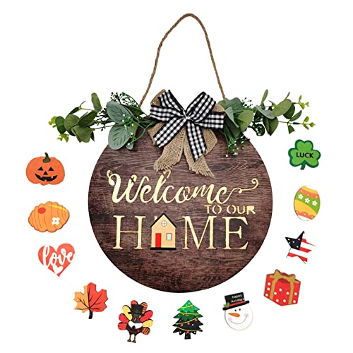 Willkommensschild Haustür Kranz Dekor mit Licht, Festival austauschbare runde Holz Wandbehang Pediments Geschenke für Halloween, Thanksgiving, Weihnachten, Haus Veranda Outdoor Cover