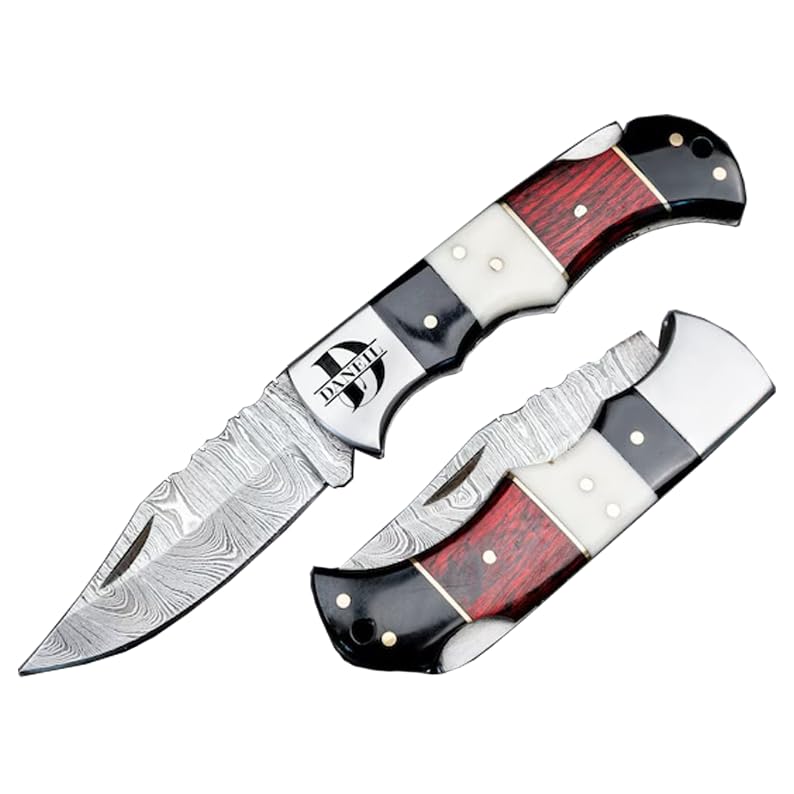 Morf IndustriesDamascus Pocket Knife - 6.5 Authentic Folding Damascus Blade Groomsmen Gift for Men Personalized Custom Made Camping Knife Gift Idea for Him