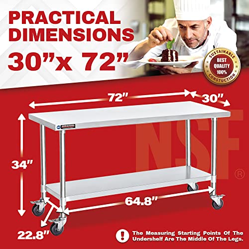 Image of DuraSteel 30x72 NSF Stainless Steel Cart - Heavy Duty Food Prep Table with Undershelf - Rolling Kitchen Island on Wheels for Commercial Restaurant Kitchen, Garage, Outdoor Cooking, BBQ Grill, Counter