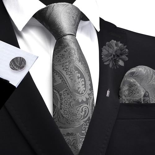 Image of GUSLESON Paisley Tie Set for Men 3.15 inch Necktie Lapel Pin Hankerchief Cufflinks Set for Men