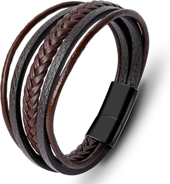 Men Leather Bracelet Multi-Layer Braided Genuine Leather with Stainless Steel Clasp, Brown Braided Leather Bracelet for Men, Mens Leather Wristband