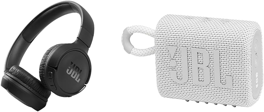 JBL Tune 510BT: Wireless On-Ear Headphones with Purebass Sound - Black & Go 3: Portable Speaker with Bluetooth, Built-in Battery, Waterproof and Dustproof Feature