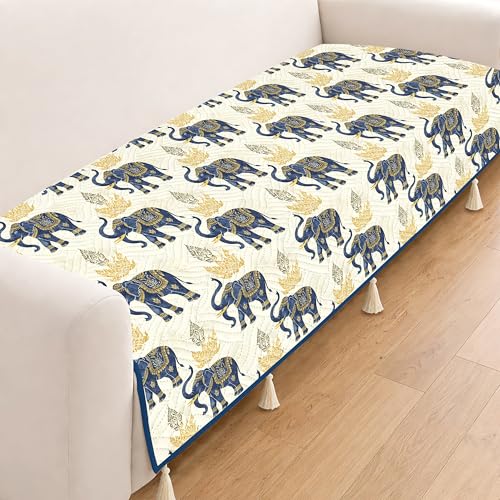 Image of Cloth Fusion Quilted Sofa Cover Seat Mat 3 Seater Chaise, Elephant Motif | Reversible Jaipuri Print, 180 cm, Seat Cover Only, Decorative Tassel Edging With A Spare, Easy Tuck-In Hold, Not Anti-Slip