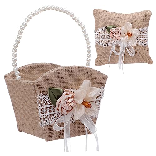 BESPORTBLE 1set Wedding Flower Girl Basket Set Flax Flower Basket Pillow Kit for Romantic Weddings Scatter Petals