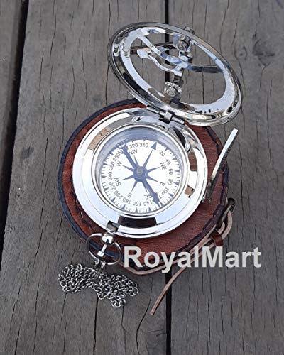 Brújula de latón Royalmart con reloj de sol, mecanismo de botón de presión y grabado vintage estilo steampunk miniatura 3