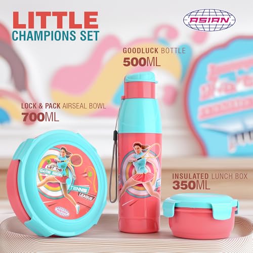 Image of Asian Plastowares Little Champions 3-in-1 Insulated Lunch Box Set for Kids | 700ml Steel Tiffin, 500ml Water Bottle | Leakproof, BPA Free | Red & Blue | Must-Have Back to School Set
