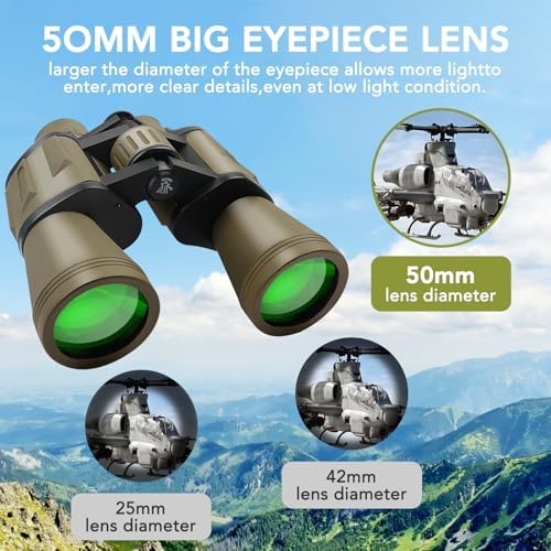 20x50 Binoculars for Adults High Powered, Military Compact HD Waterproof Binoculars with Low Light Vision for Bird Watching Travel Hunting Football Games Stargazing with Carrying Case and Strap(Mud) - 2