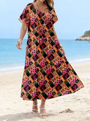 Yousify Womens 2026 Summer Maxi Dresses Short Sleeve Boho Beach Shirt Dresses Loose Vacation Outfits Sundresses Black Pink — view 3
