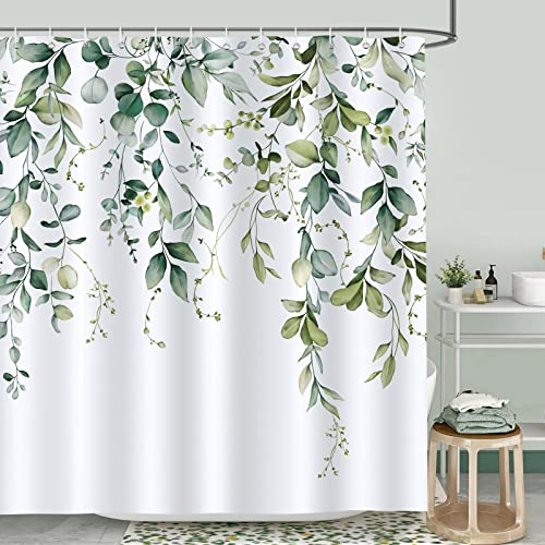 Bonhause Cortina de Ducha Hojas de Eucalipto Planta Verde Cortina de Baño de Poliéster Impermeable Antimoho Lavable Cortina Ducha 180 x 180 cm con 12 Ganchos