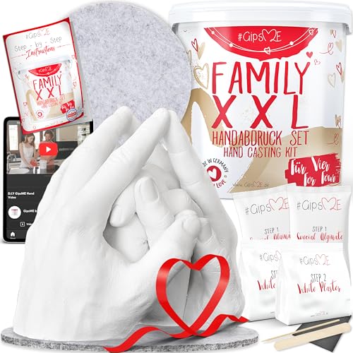 GipsME XXL 3D Family Hand Casting Kit for 4 Hands + Base - Premium Hand Moulding Kit - Hand Casting Kits family of 4 Personalised Gifts - Family Hand Mold Casting Kit + Video Tutorial