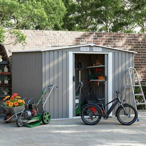 Metal Garden Shed with Sloped Roof, 8x10ft Outdoor Storage, 2460x2995x1775mm, Galvanized Steel, Sliding Door, Ventilation Design, Floor Foundation Included (Grey)