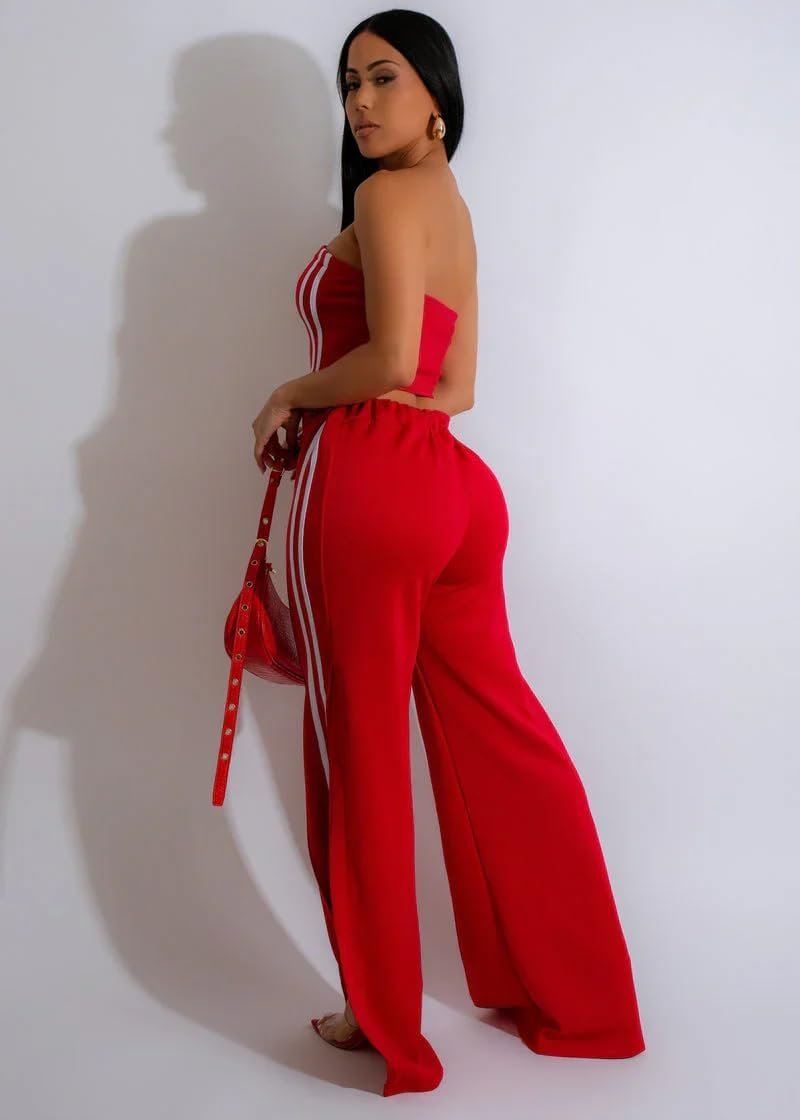 Women's Summer 2 Piece Outfits Strapless Striped Crop Tops & Wide Leg Pants Sets Sexy Two Piece Sets - Image 3