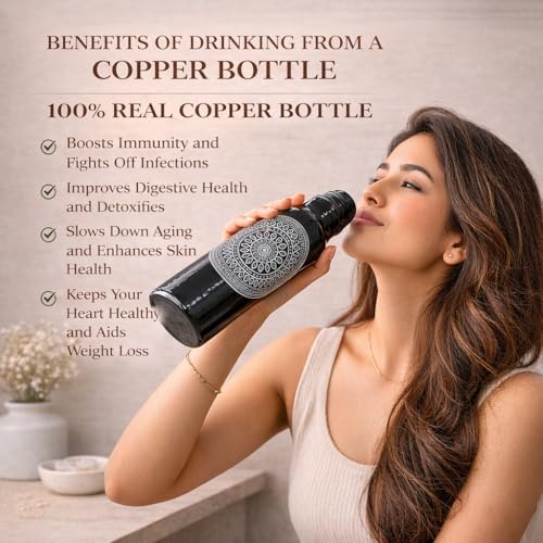 Image of JAIPUR ACE Black Copper Water Bottle with Glass Set 100% Pure Copper Mandala Design Leak Proof Anti Slip Ayurvedic Drinking Bottle Set for Home Office Kitchen Gifting Premium Copper Bottle Set