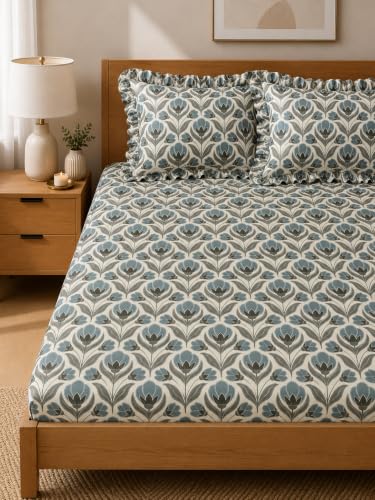 Image of King Size Fitted Bedsheet for Double Bed | 300 TC Cotton Feel Microfiber | All Around Elastic with 2 Frill Pillow Covers | Soft & Durable | (Design5, Fitted - 72 x 78 Inch King)