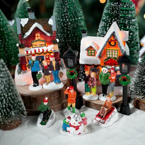 Rileryan 15 PCS Christmas Village Sets People House Figurines for Miniature Christmas Town Village Accessories Decor Buildings Collectible Home Decorations