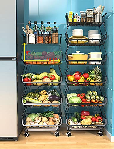 Metal Wire Baskets With Wheels 5 Tier Stackable Fruit Vegetable Basket Rack Storage Bins Shelf For Kitchen Pantry,Market, Garage #TOP1