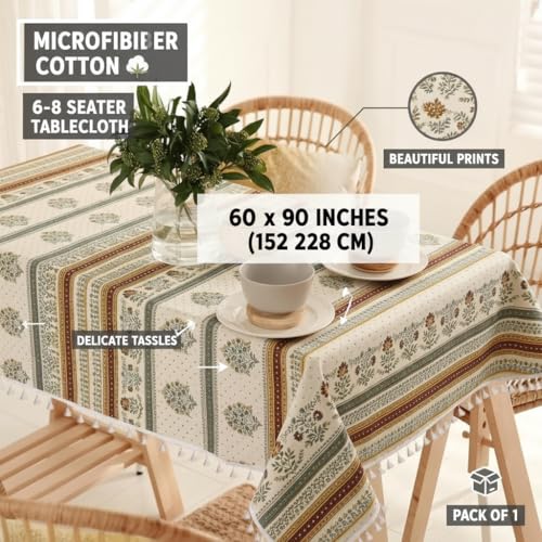 Image of RRC Microfiber Cotton Dining Table Cover 60 x 90 Inch for 6 Seater, Pack of 1 Rectangular Printed Table Cloth with Tassels, Washable Centre Table Cover, Durable & Fade Resistant
