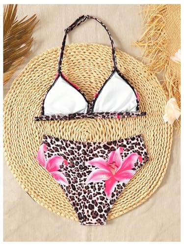 Image of RoseSeek Girl's Tie Dye Smocked 2 Piece Swimwear Sets Backless Halter Bikini Cute Brief Bathing Suit