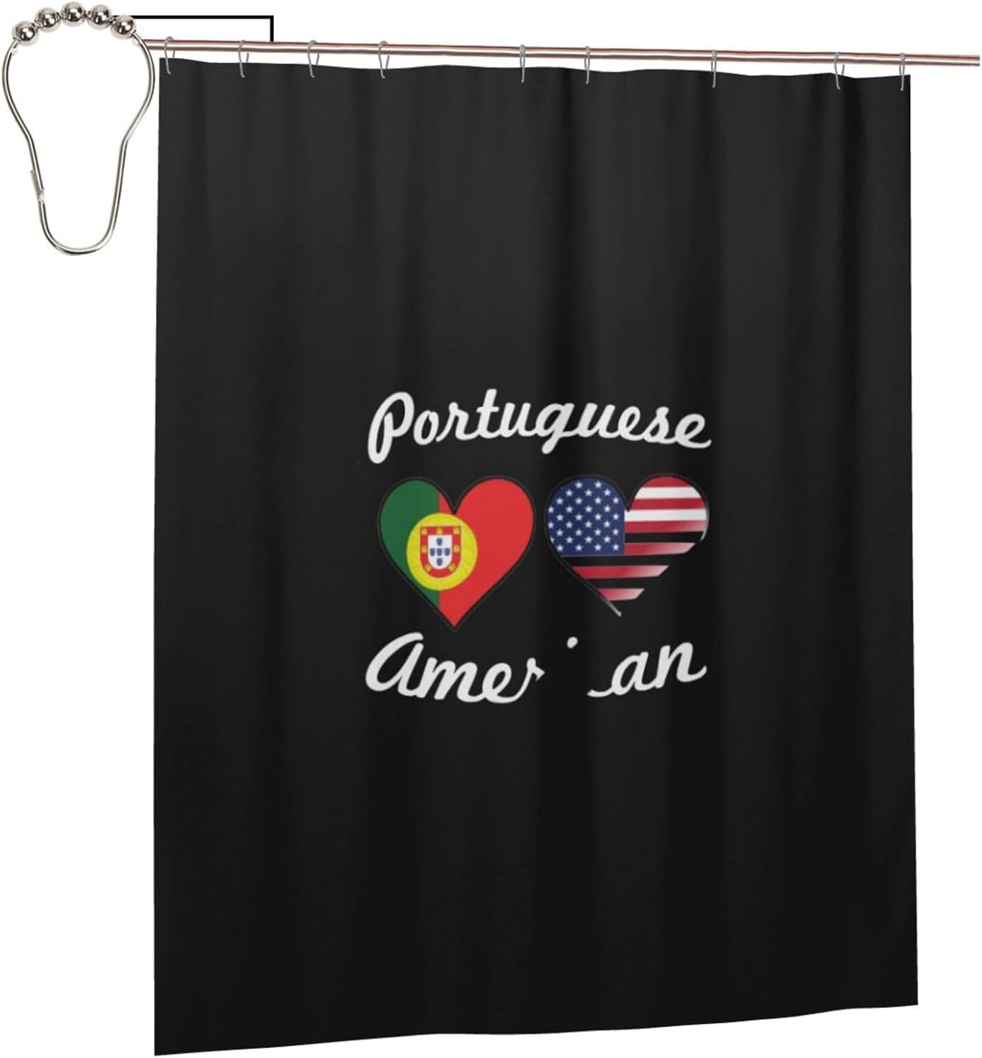 Fpandawang Portuguese American Flag Hearts Bathroom Fabric Shower Curtain with 12 Buckles and Hooks, Washable, Waterproof, 60x72 Inches