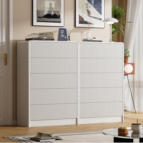 Image of Furniway White 5 Drawer Dresser for Bedroom, Curved Tall Dresser with Push-to-Open Design, Chest of Drawers for Bedroom, Living Room, Hallway, 15.7 inchD x 32 inchW x 47.2 inchH