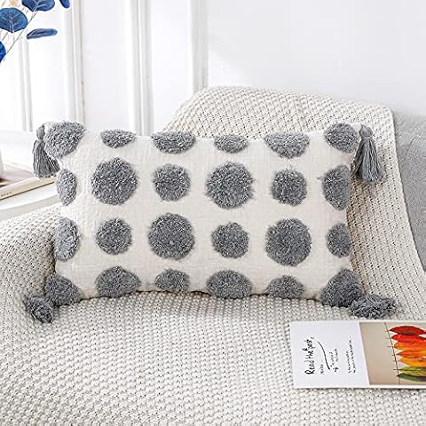 PANOD Boho Light Grey Tufted Throw Pillow Covers with Tassel 12x20 inch,Soft Cream Chenille Decorative Lumbar Cushion Case Pillowcase for Couch Sofa Bedroom Living Room Farmhouse Cover