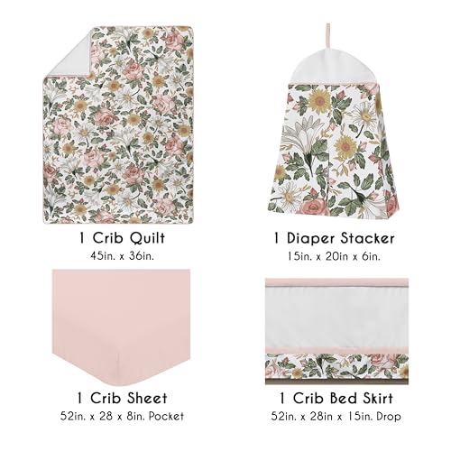 Image of Sweet Jojo Designs 4-Piece Baby Crib Bedding Set (Boho Vintage Floral) for Girls, Infants /Nursery incl. Blanket, Fitted Sheet, Skirt, Diaper Stacker (Shabby Chic, Rose, Daisy, Bohemian, Farmhouse)