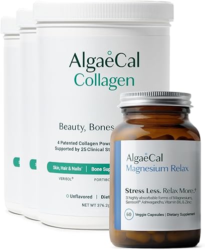 ALGAECAL Colágeno - 4 péptidos clínicamente apoyados VERISOL®, FORTIGEL®, UC-II®, FORTIBONE®, colágeno en polvo, 3 paquetes de magnesio Relax™ -