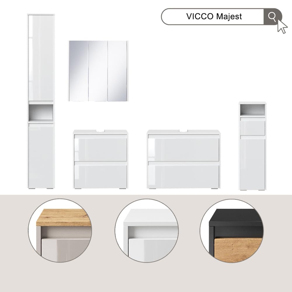 Vicco Waschbeckenunterschrank Majest, Weiß Hochglanz, 80.1 x 62 cm mit 2 Schubladen, zur Montage unter dem Waschbecken für Badaufbewahrung