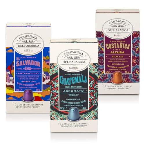 Caffè Corsini - Set de Cápsulas de Café Compatibles con Nespresso Viaje por Centroamérica, 100% Arábica, El Salvador, Costa Rica, Guatemala, 3 Paquetes de 10 Cápsulas (Total 30)