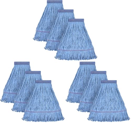 Image of Matthew Cleaning Heavy Duty Mop Head Commercial Replacement for General and Floor Cleaning , Wet Industrial Blue Cotton Looped End String Head Refill (Pack of 9) Blue