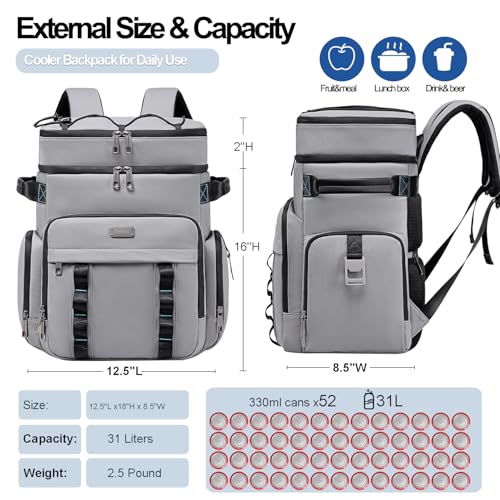 Weitars Insulated Cooler Backpack,Double Deck Waterproof Soft Cooler Bag,Backpack Coolers Leak Proof Lunch Backpack for Men Women for Travel,Camping,Picnic,Beach,Picnic,Outdoor 31L/52 Can (Gray) by Weitars - Image 5