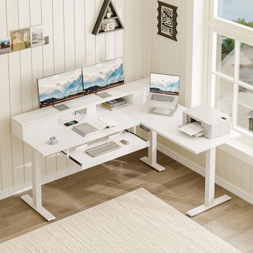 Image of Casaottima 59 Inch Electric L-Shaped Standing Desk with Drawers, Height Adjustable Stand Up Corner Desk with Monitor Stand & Keyboard Tray, Lift Table for Home Office, Workstation, White