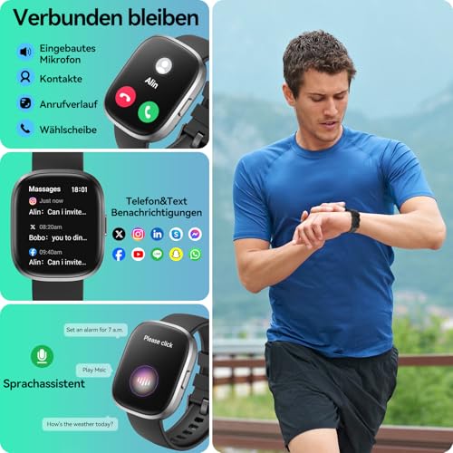 Smartwatch Damen Herren mit Telefonfunktion,1.83" HD Touchscreen Fitnessuhr,IP68 Wasserdicht Fitness Tracker mit Herzfrequenz Schlafmonitor Schrittzähler Uhr,Sportuhr für iOS Android Schwarz – Bild 3
